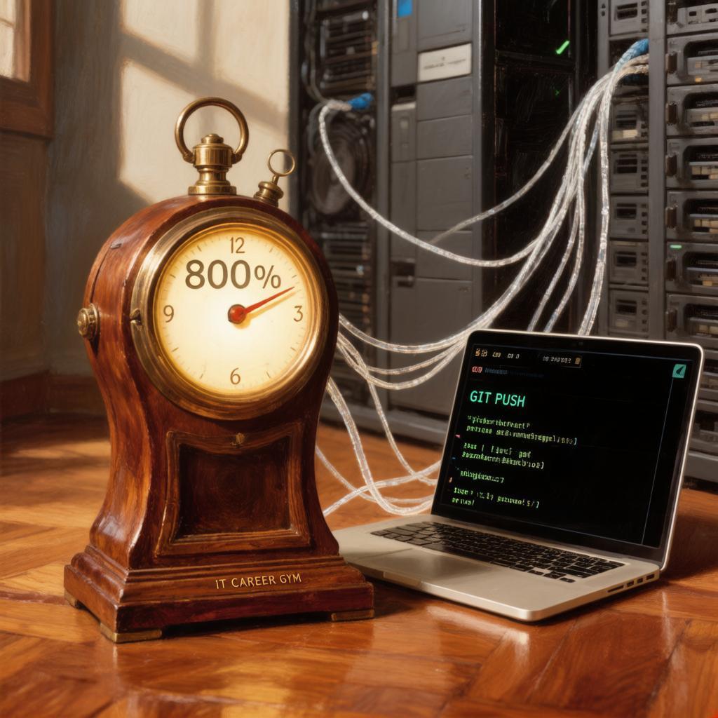 Часы с надписью 800% и ноутбук с GIT PUSH, подключённые к серверной стойке — IT Career Gym